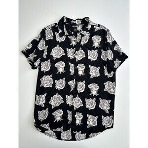 Hot Topic Rose Print Button Up Shirt Mens L Black White Gothic Emo Short Sleeve